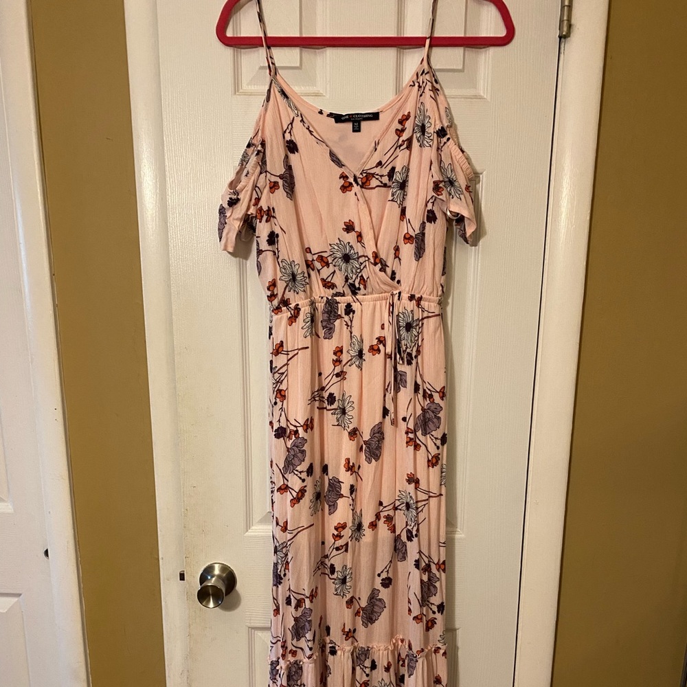 Maxi Pink Floral Summer Dress. Off the shoulder